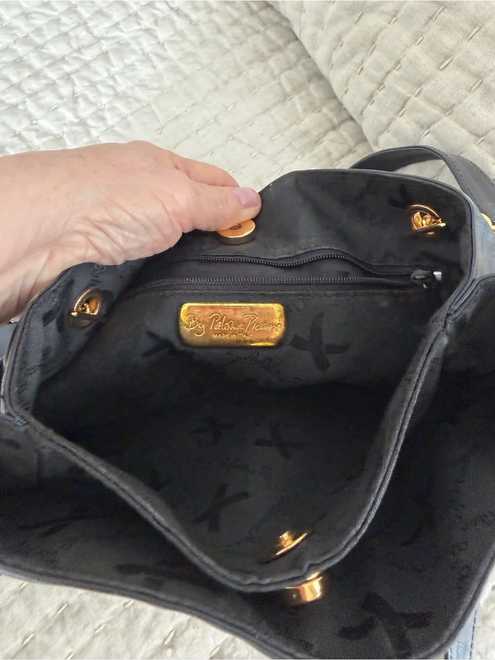Paloma Picasso Black Leather Shoulder Bag with Kisslock Coin Purse